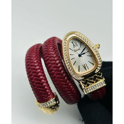 ✨Premium Maroon Leather Gold Serpenti Crystal Snake bvlg Watch✨