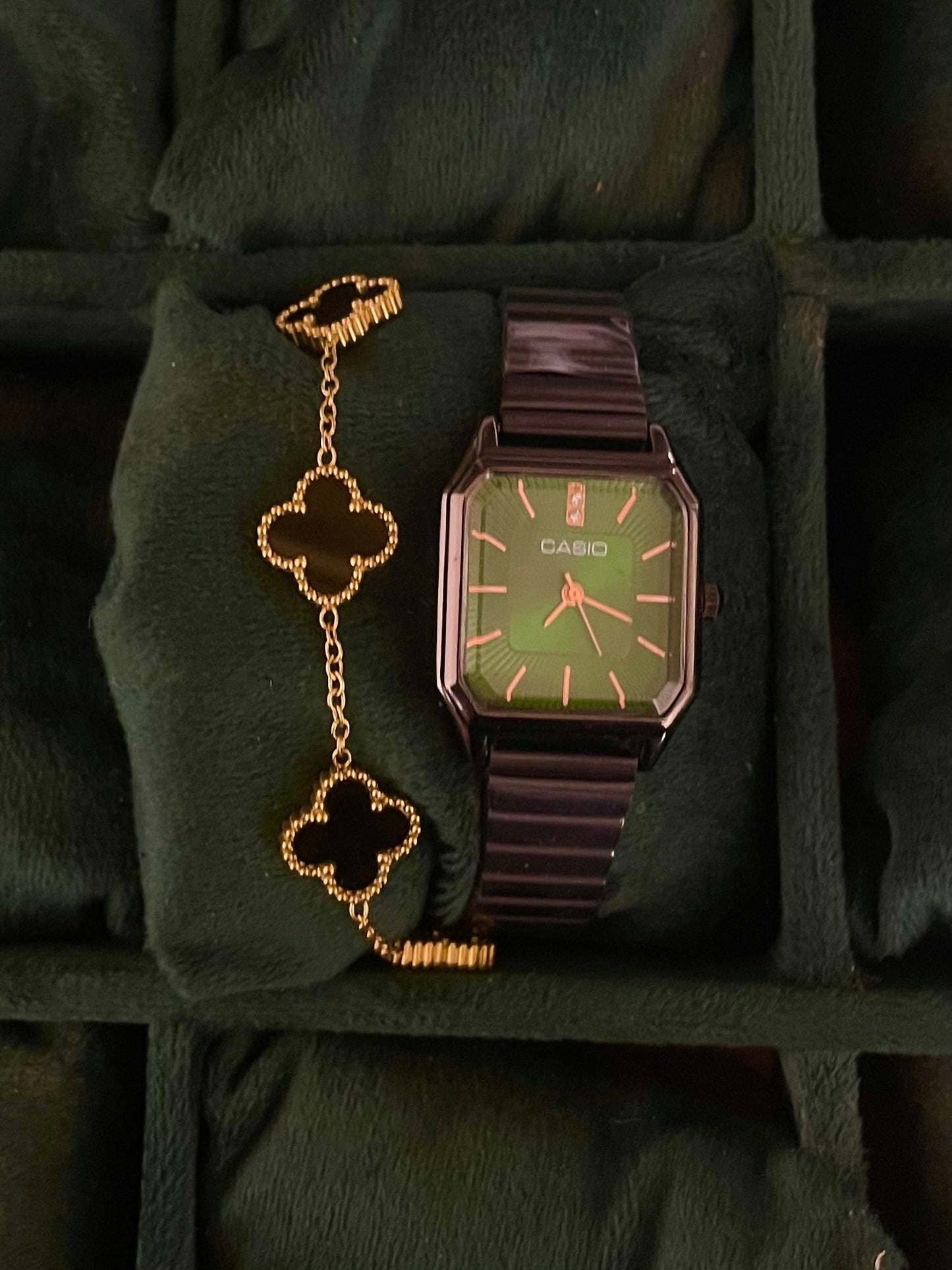 ✨Exclusive Black Emerald Dial Casio chain Watch With Black Clover Bracelet Set ✨