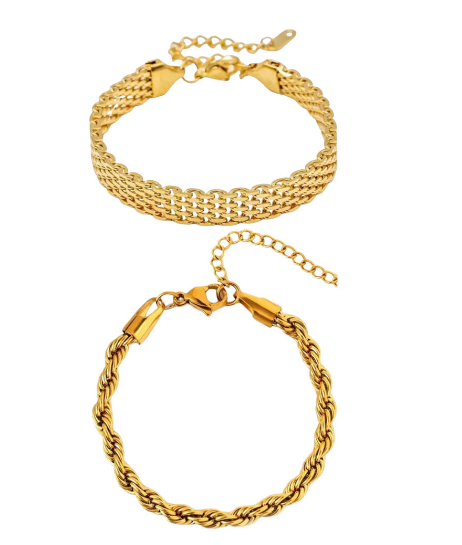18K link & rope bracelet stack set