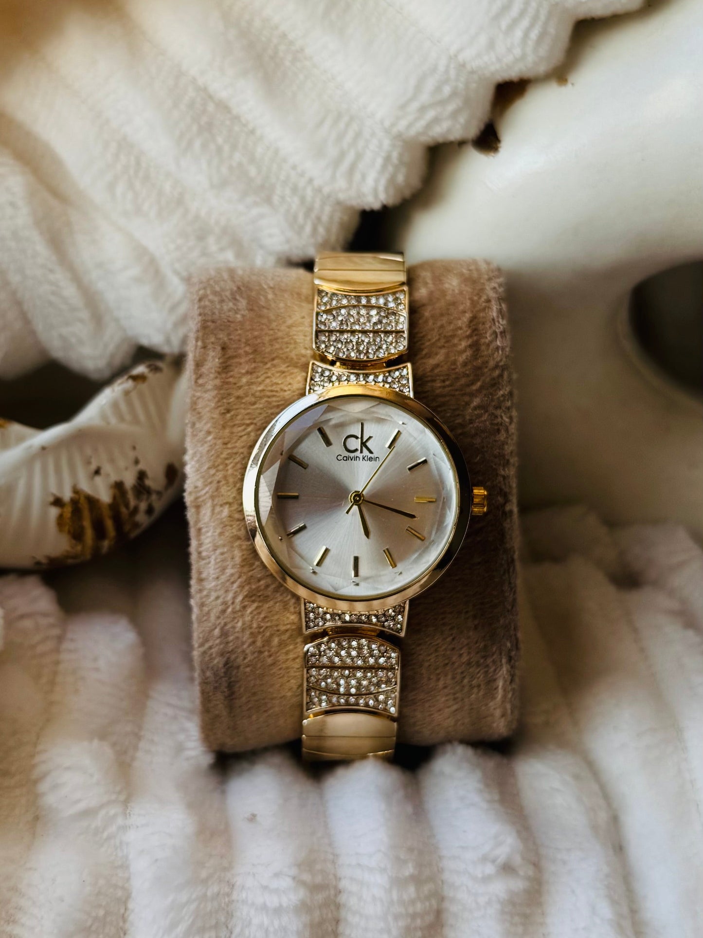 ✨Exclusive Zirconia Gold White Dial Crystal Studded Ck watch ✨
